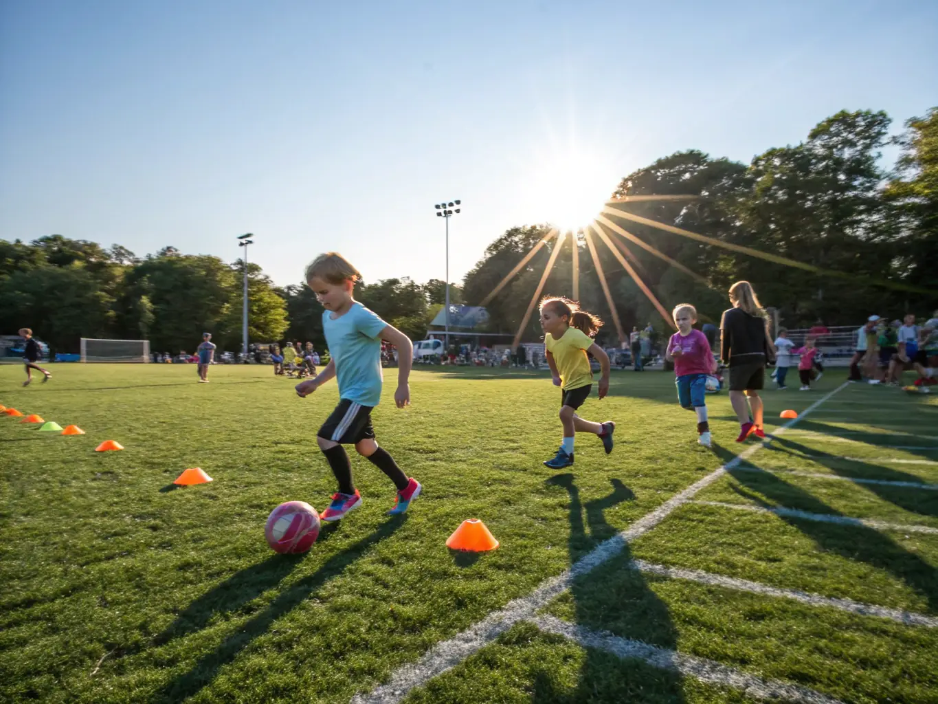A vibrant image of young children participating in a football training session at LLOSC, showcasing their enthusiasm and engagement with the sport.